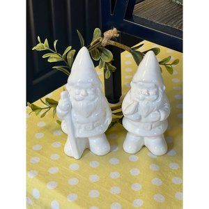 Gnome WHITE CERAMIC Pair Set of 2 Garden Plants Decor Bird Walking Stick Protect